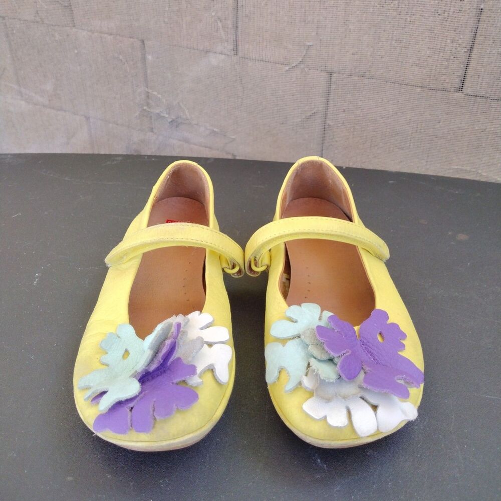 Camper Ballerina Twins Leather Mary Jane Floral Flats Kids Sz EUR 33 US 2 Yellow